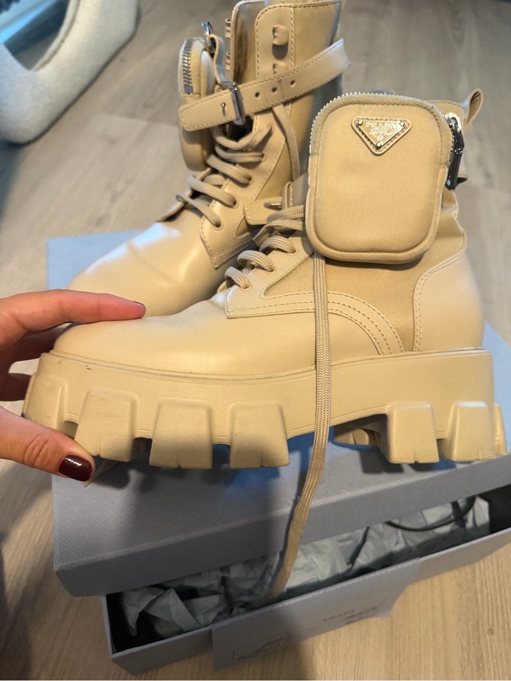 Prada Beige Lace-Up Platform Combat Boots with Detachable Pouch